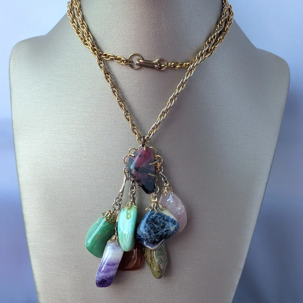 Vintage 7 Stone Chakra Gemstone Pendant Necklace
